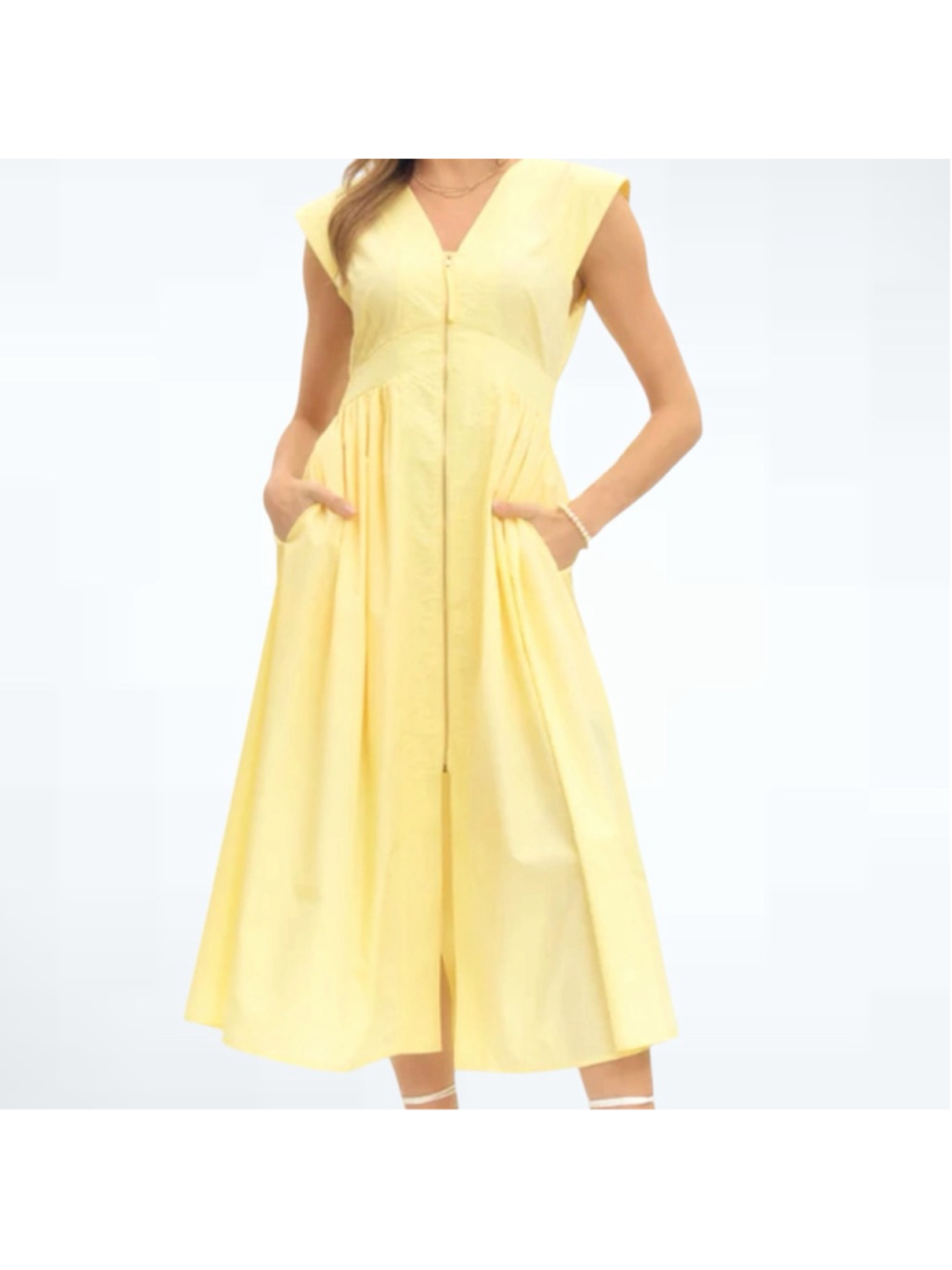 Entro Women’s Cap Sleeve Zip Front Midi Dress in Yellow Size S